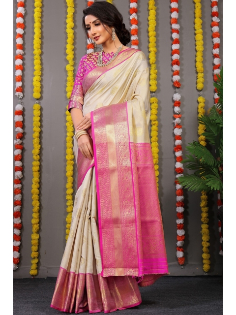 

Anaita Cream-Coloured & Pink Woven Design Zari Pure Silk Banarasi Saree