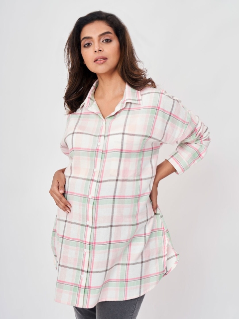 

Ed-a-Mamma Women White & Pink Tartan Checked Cotton Maternity Shirt