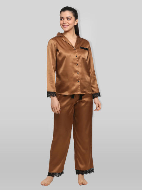 

PRETTY LOVING THING Women Brown & Black Shirt & Pyjama Night suit PLTTP-031_XSv