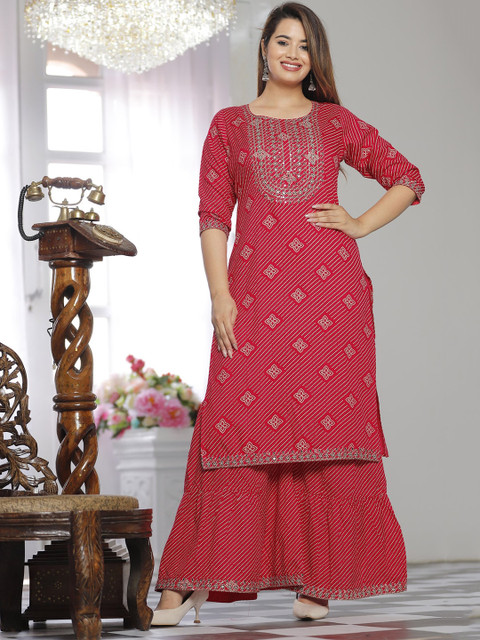 

Juniper Women Fuchsia Ethnic Motifs Printed Sequinned Kurta with Sharara & With Dupatta