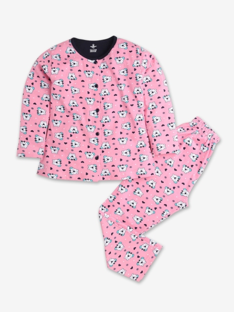 

Hopscotch Girls Pink & White Cartoon Characters Printed Night suit
