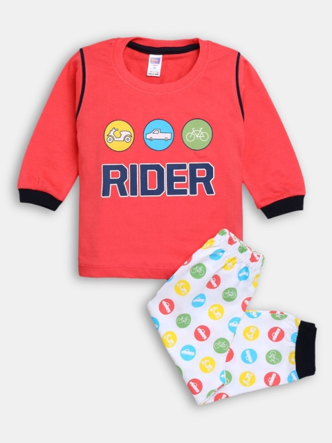 

Hopscotch Boys Coral & White Printed Pure Cotton Top with Trousers