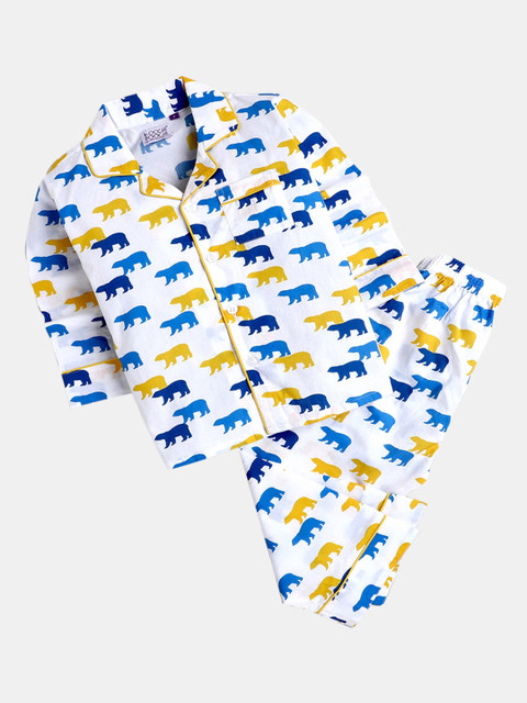 

Hopscotch Kids White & Blue Printed Night suit