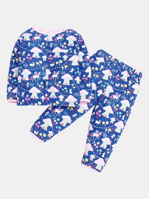 

Hopscotch Girls Blue & Pink Printed Pure Cotton Night suit
