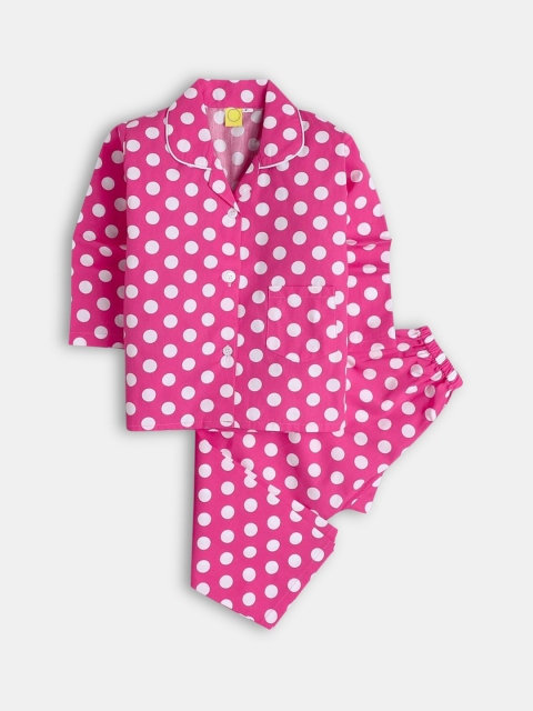 

Hopscotch Girls Pink & White Polka Dots Printed Pure Cotton Night suit
