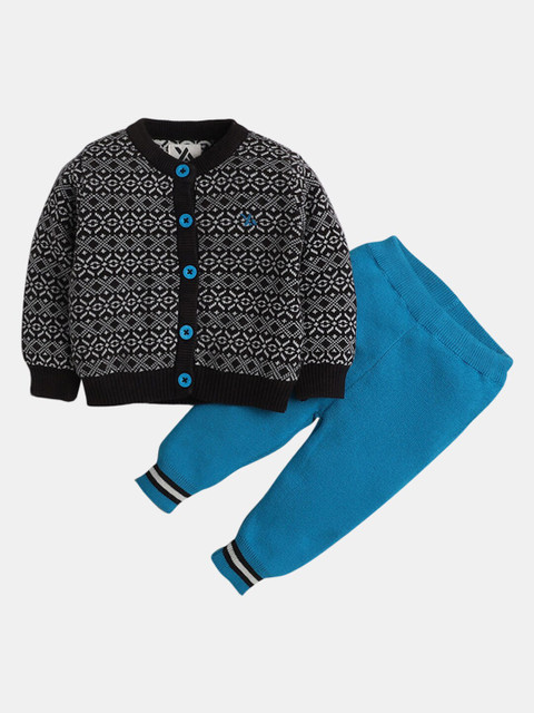 

Hopscotch Unisex Kids Brown & Blue Printed Sweater with Jogger