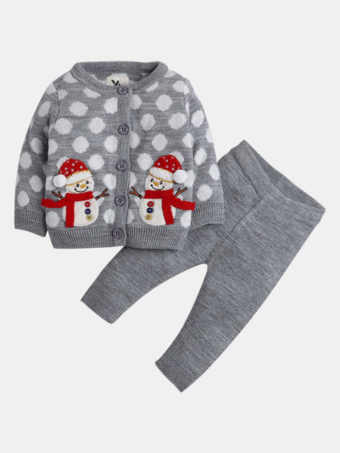 

Hopscotch Unisex Kids Grey & White Printed Coat with Trousers