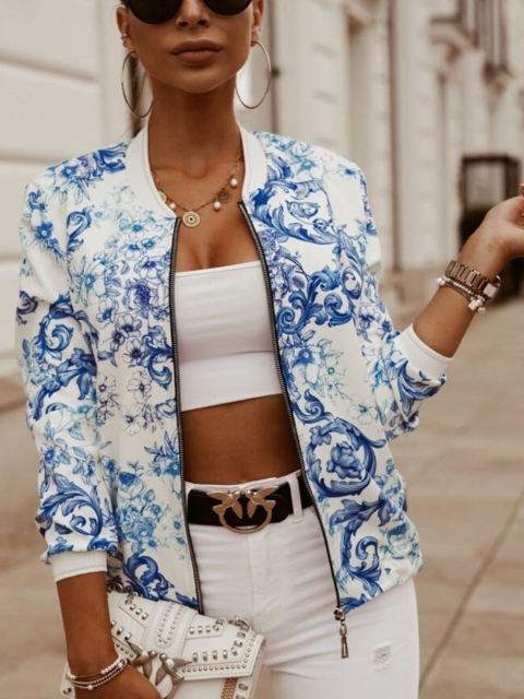 

BoStreet Women Blue White Floral Bomber Jacket