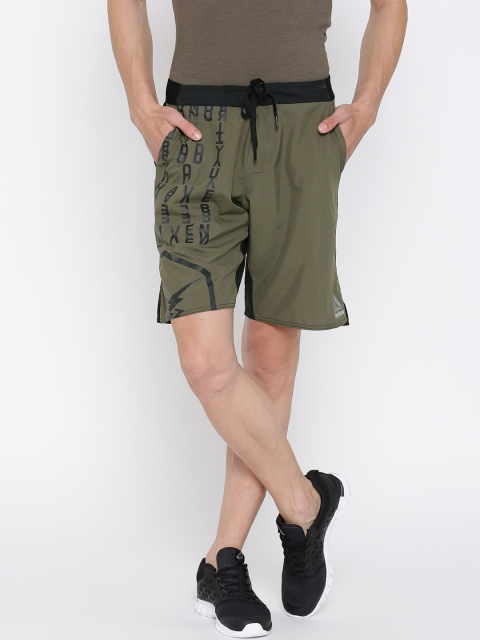 

Reebok Men Olive Green & Black Epic Graphic Printed Training Shorts