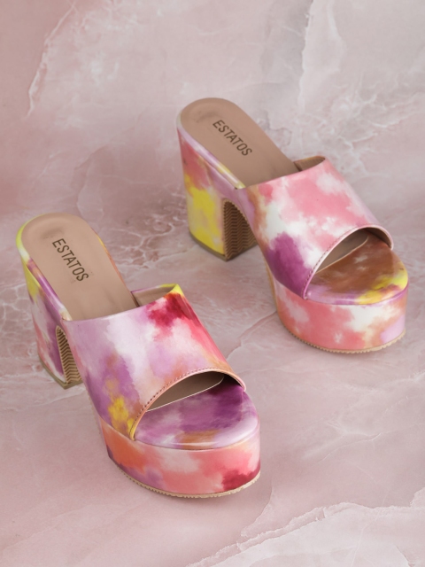 

ESTATOS Peach-Coloured & Purple Printed PU Block Peep Toes