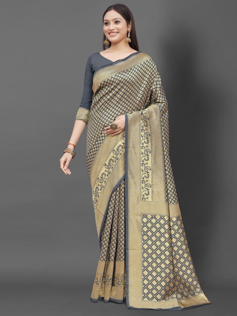 

Mitera Grey & Gold-Toned Woven Design Zari Silk Blend Banarasi Saree