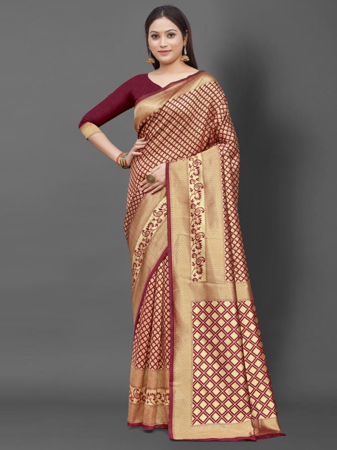 

Mitera Maroon & Gold-Toned Zari Silk Blend Banarasi Saree