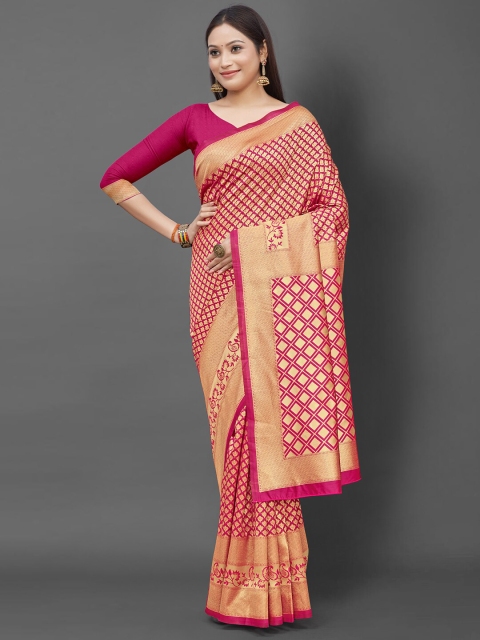 

Mitera Pink & Gold-Toned Ethnic Motifs Zari Silk Blend Banarasi Saree