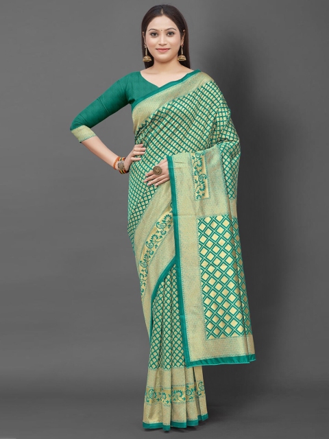 

Mitera Sea Green & Gold-Toned Zari Silk Blend Banarasi Saree