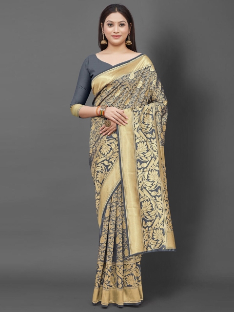 

Mitera Grey & Gold-Toned Ethnic Motifs Banarasi Saree