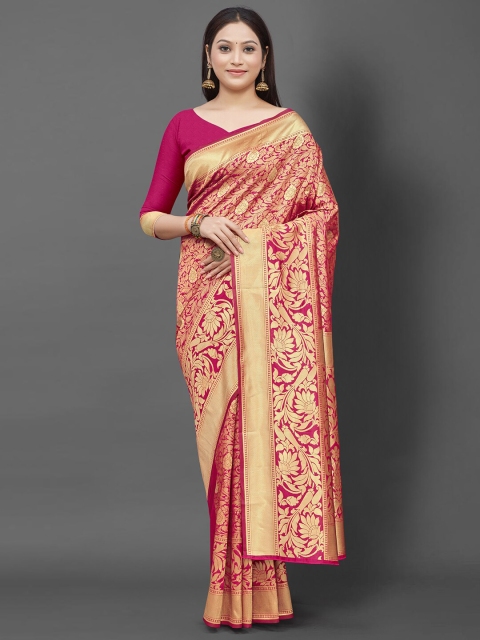 

Mitera Pink & Gold-Toned Ethnic Motifs Zari Banarasi Saree