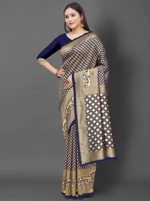 

Mitera Navy Blue & Gold-Toned Woven Design Zari Silk Blend Banarasi Saree