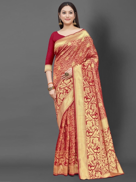 

Mitera Red & Gold-Toned Ethnic Motifs Silk Blend Banarasi Saree