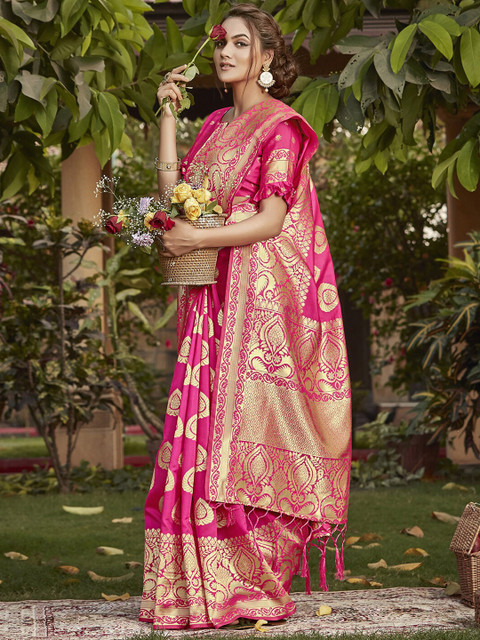 

Mitera Pink & Gold-Toned Ethnic Motifs Zari Silk Blend Bagh Saree