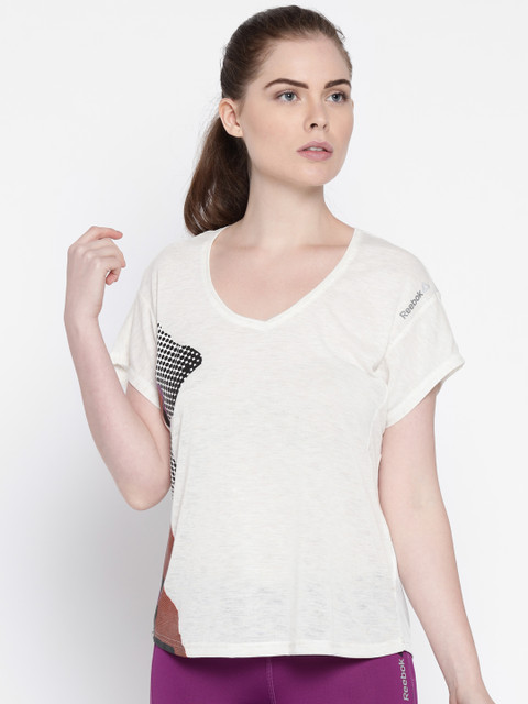 

Reebok Women White Solid V-Neck T-shirt