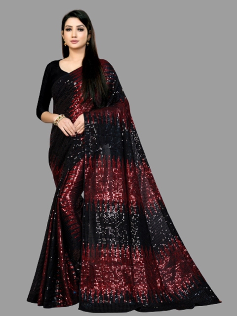 

CLEMIRA Maroon & Black Sequinned Pure Georgette Half and Half Saree