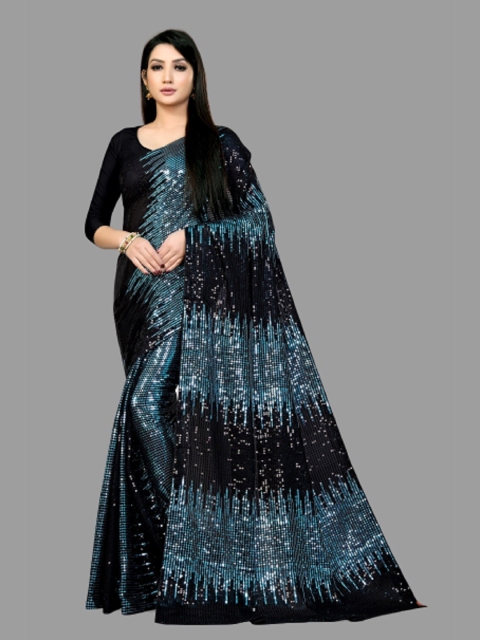 

CLEMIRA Turquoise Blue & Black Embellished Sequinned Pure Georgette Half and Half Saree