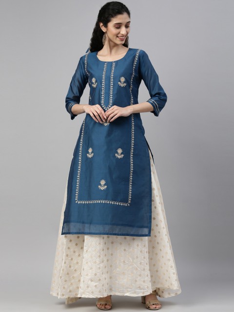 

NAYRA Women Blue Ethnic Motifs Embroidered Thread Work Chanderi Silk Kurta with Skirt