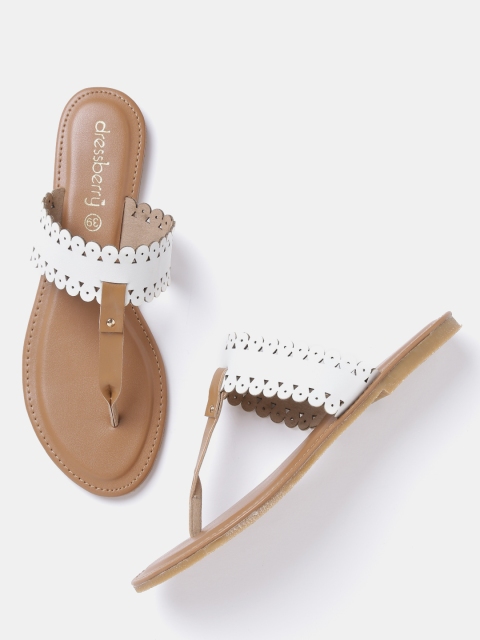 

DressBerry Women White & Brown Cut-Out T-Strap Flats