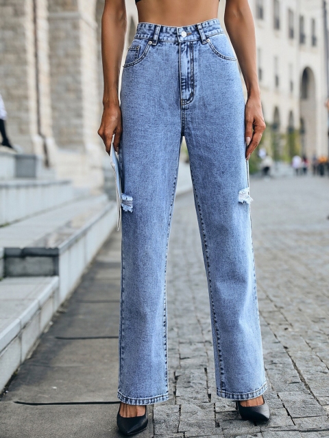 

BoStreet Women Blue Straight Fit Mildly Distressed Heavy Fade Jeans