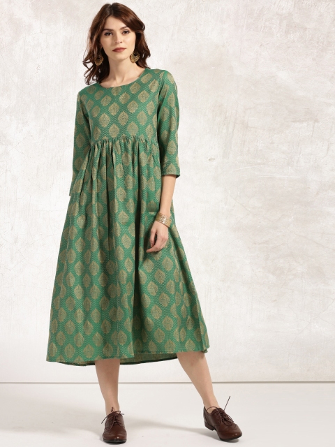 

Anouk Women Green & Beige Self-Design A-Line Brocade Handloom Kurtas
