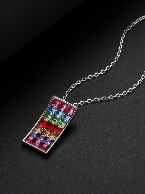

Jewels Galaxy Rhodium-Plated Handcrafted & Blue Pink & Red CZ-Studded Pendant, Silver