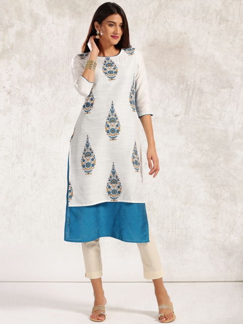 

Anouk Women White & Teal Blue Printed Straight Layered Kurta