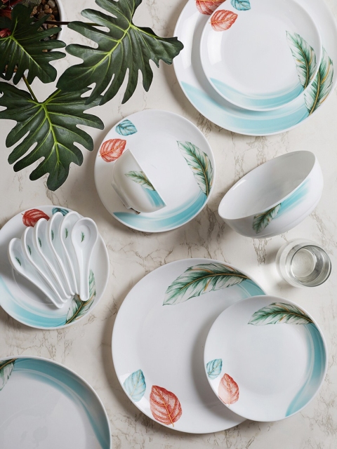 

HomeTown White & Blue Set of 33 Printed Opalware Glossy Dinner Set
