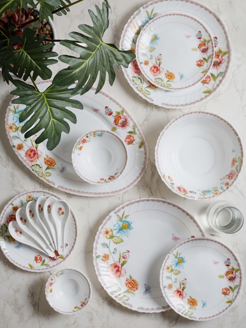 

HomeTown White & Blue 33 Pieces Floral Printed Opalware Glossy Dinner Set