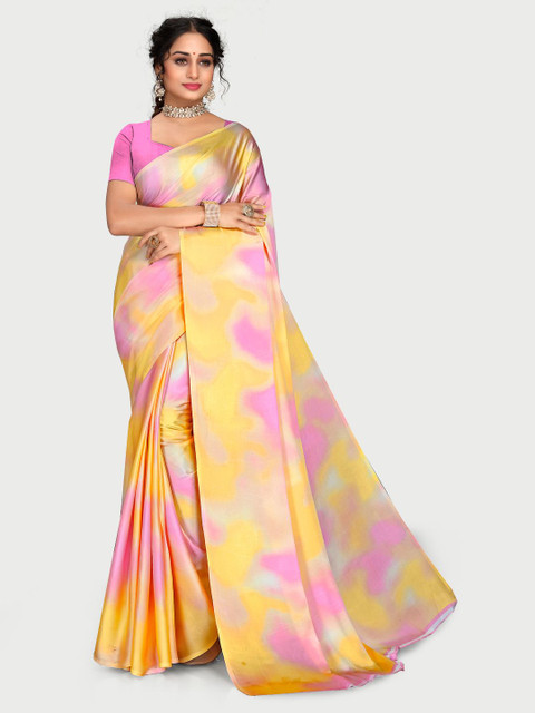 

KALINI Pink & Yellow Tie and Dye Pure Crepe Saree