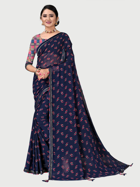 

KALINI Navy Blue & Pink Floral Pure Georgette Saree