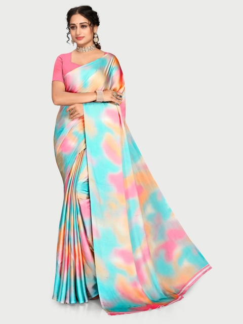 

KALINI Peach-Coloured & Blue Tie and Dye Pure Crepe Saree