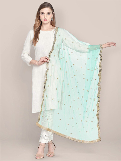 

Dupatta Bazaar Sea Green & Gold-Toned Ethnic Motifs Embroidered Dupatta with Mirror Work