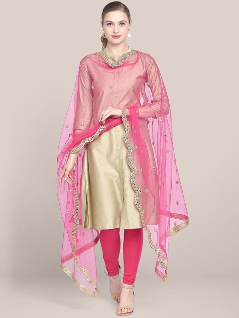 

Dupatta Bazaar Fuchsia & Gold-Toned Ethnic Motifs Embroidered Dupatta with Mirror Work