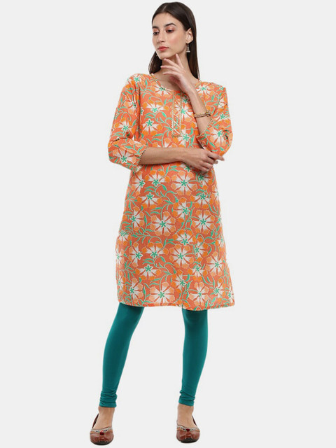 

V-Mart Women Orange Floral Printed Round Neck Kurta
