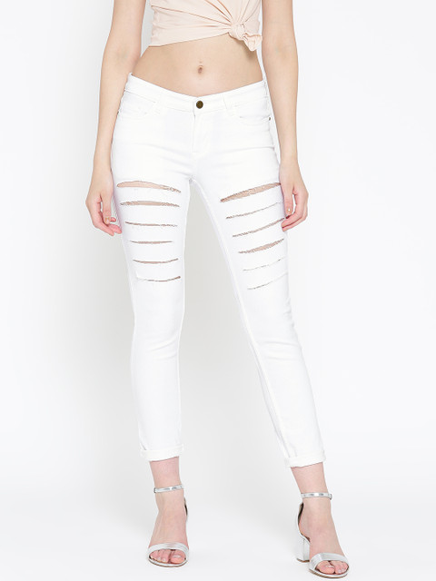 

DressBerry Women White Distressed Cropped Trousers