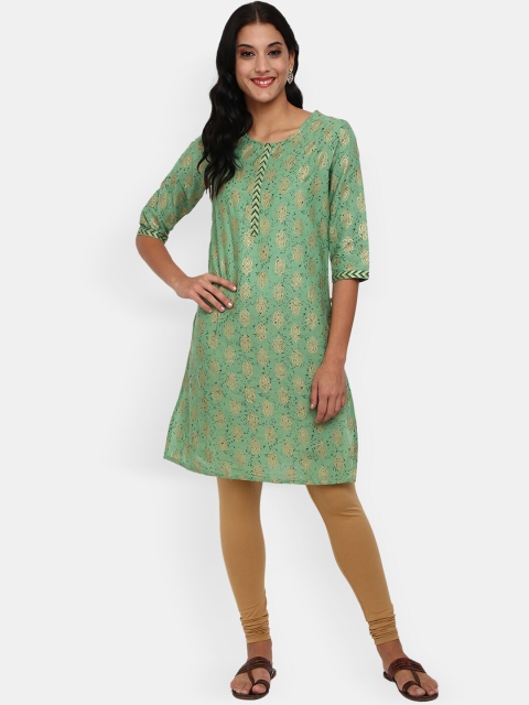 

V-Mart Green & Gold-Toned Ethnic Motifs Printed Pure Cotton Kurti