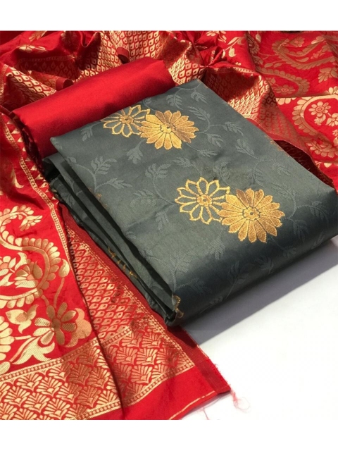 

MORLY Grey And Red Dupion Silk Unstitched Dress Material