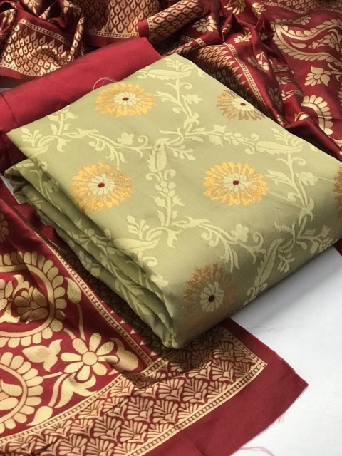 

MORLY Beige & Green Dupion Silk Unstitched Dress Material