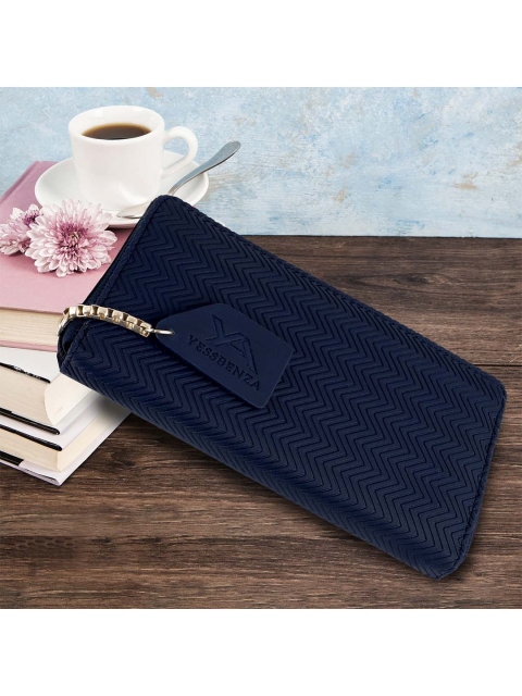 

YESSBENZA Women Blue Woven Design Zip Detail Zip Around Wallet with Passport Holder