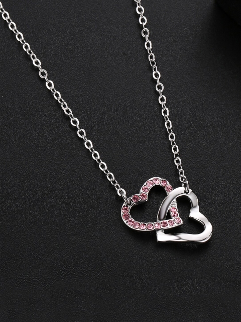 

Jewels Galaxy Rhodium-Plated & Silver-Toned Pink Crystal Stone Studded Pendant with Chain