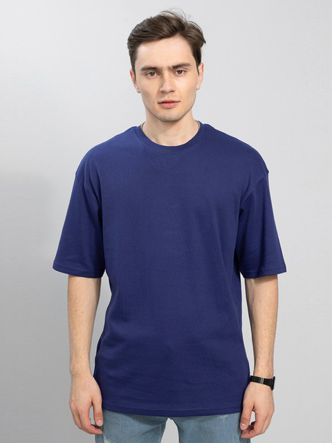 

Snitch Men Blue Solid Drop-Shoulder Sleeves Cotton Loose T-shirt