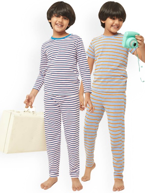 

frangipani Boys White & Grey Pure Cotton Set Of 2 Printed Night suit