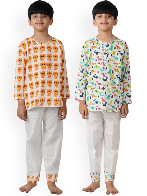 

frangipani Boys Pack Of 2 White & Orange Printed Pure Cotton Night suit