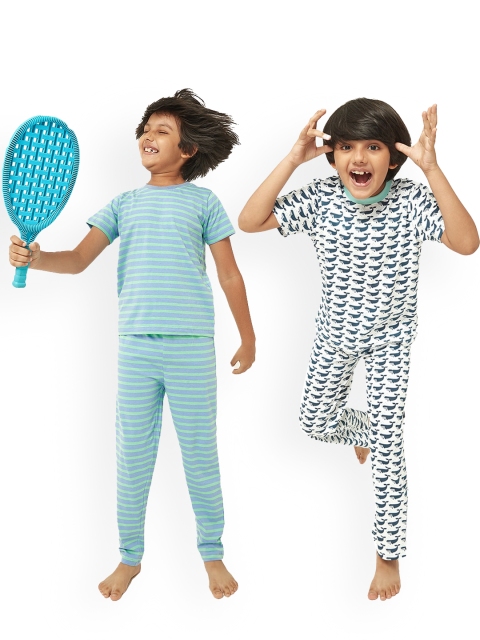 

frangipani Boys Pack Of 2 White & Blue Striped Pure Cotton Night suit